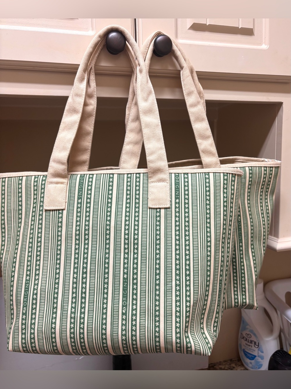 2 Origins brand Green & White Tote Bags